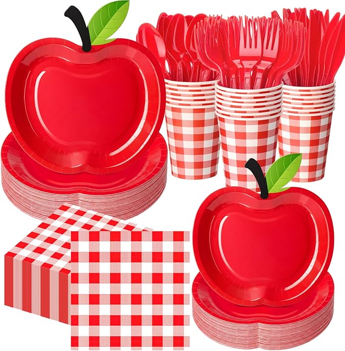 400 Pcs Apple Party Decorations Supplies Apple Shaped Paper Plates Red Gingham Napkins and Cups Serve 50 Fruit Themed Disposable Tableware Set for Teacher Appreciation Graduation Party