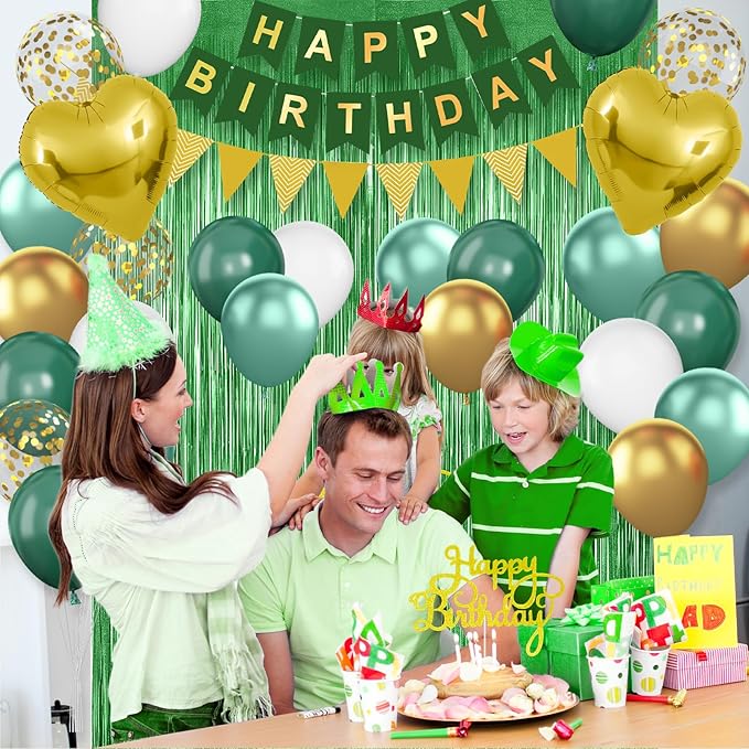 Green Birthday Decorations,Happy Birthday Banner Emerald Green and Gold Balloons Fringe Curtain Heart Foil Balloons for Women Men Party Decor