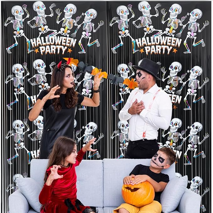 GOER Foil Curtain Backdrop for Halloween Party Decorations| Metallic Tinsel Halloween Theme Photo Booth Props (5 Pcs)