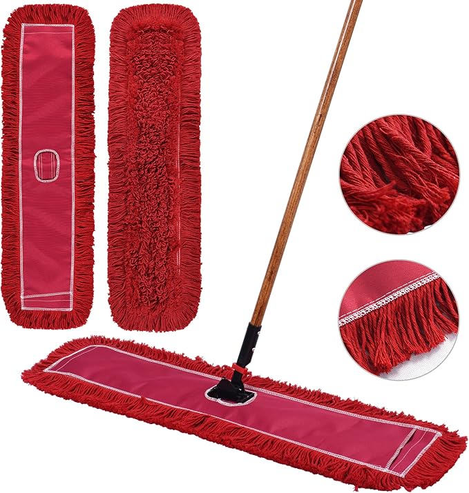 Matthew Cleaning 36'' Industrial Strength Cotton Dust Mop Refill Washable Replacement Heads for Residential & Commercial Use Fit Standard Dust Mop Frames, Hardwood, Concrete Floors Red 6 Pack