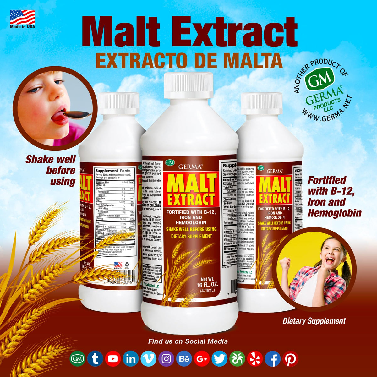 Germa Malt Extract (Extracto de Malta) – Liquid Dietary Supplement for Energy & Vitality – Rich in B-Vitamins & Essential Minerals – Traditional Nutritional Support – 16 fl oz