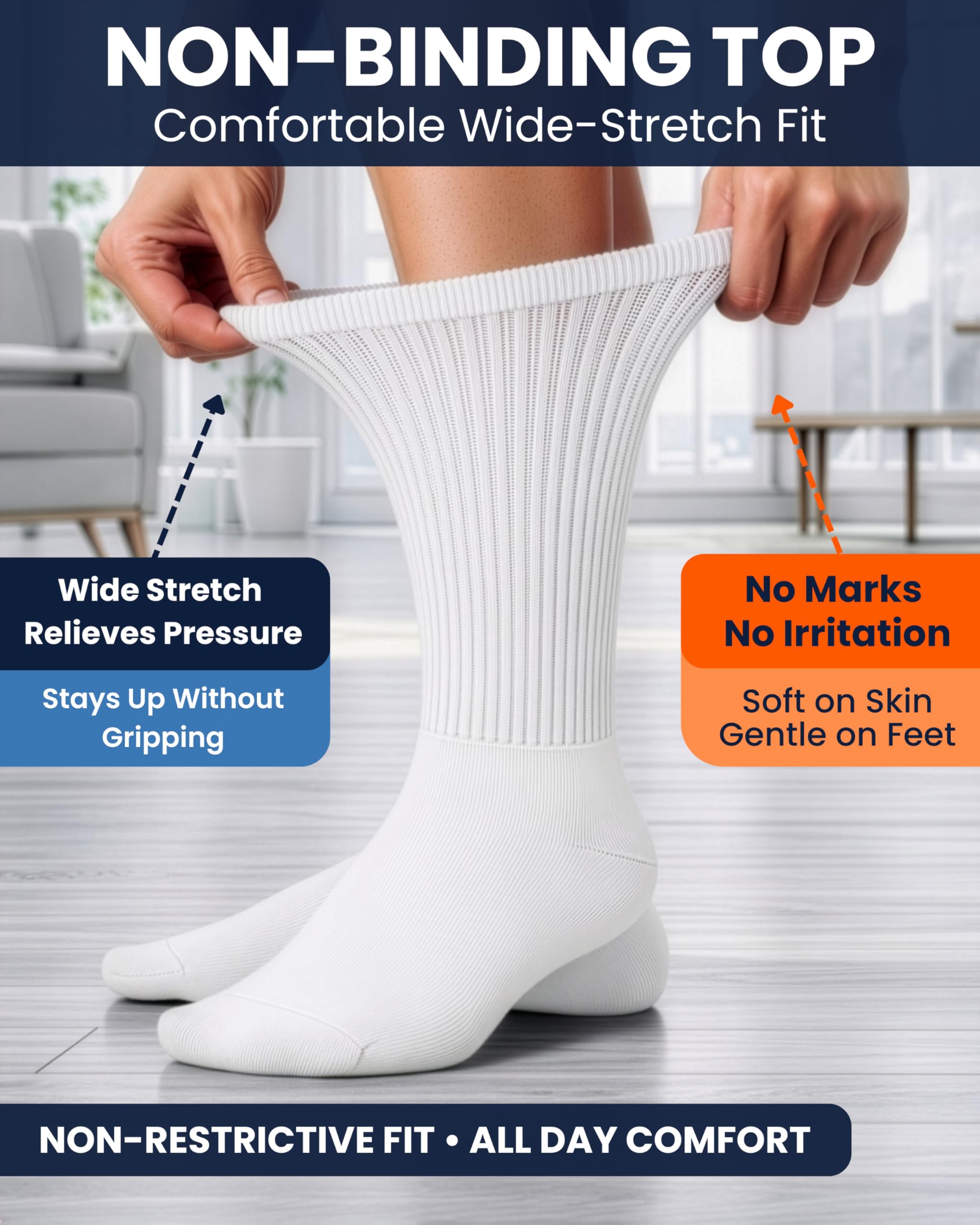Special Essentials Diabetic Socks for Men & Women – 12 Pairs of Non-Binding Extra Wide Top Cotton Neuropathy Socks – Crew Length, White, 9-11