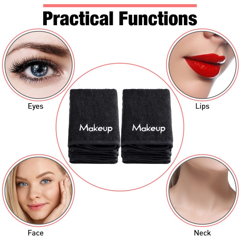 Chumia 18 Pcs Makeup Remover Cloths 13 x 13 Inch Makeup Towel Face Washcloths with Embroidery Black Reusable Washcloths Soft Cleansing Face Towel for Women