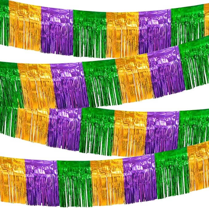 4 Packs 10 Feet Long Foil Fringe Mardi Gras Garland Green Gold Purple Tinsel Metallic Streamers Wall Hanging Birthday Backdrop Banner for Carnaval Car Parade Floats Streamer Decorations