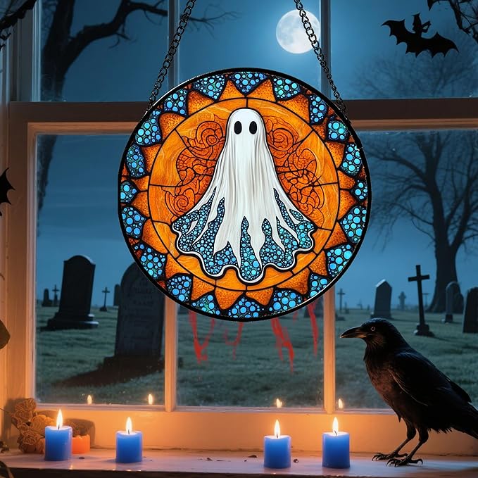 Stained Glass Window Hanging - Halloween Decorations White Ghost Suncatcher for Doors Garden Indoor Spooky Funny Blue Sun Catchers Gothic Decor Horror Gifts for Women Men Friend 9.8 in