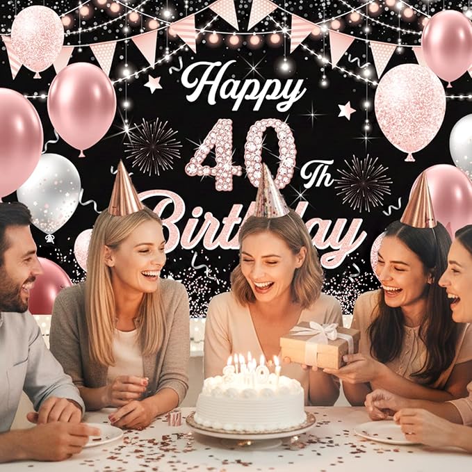 40th Birthday Decorations for Women - Happy 40th Birthday Banner Decorations Cheers to 40 Years Birthday Party Indoor and Outdoor Decoration Suppiles Pink Backdrop for 40th Birthday Party Favors Decor