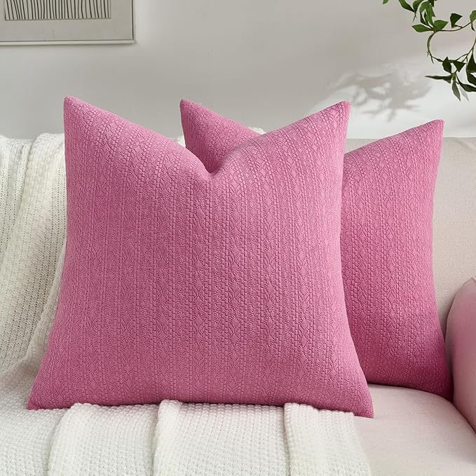 FUTEI Hot Pink Chenille Throw Pillow Covers 20x20 Inch Set of 2,Soft Striped & Diamond Textured Cushion Cases,Modern Home Decor for Couch Living Room