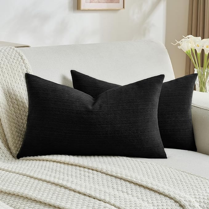 FUTEI Black Decorative Throw Pillow Covers 12x20 Inch Set of 2,Soft Cozy Wheat Ear Striped Patterns Lumbar Pillow Cases,Modern Home Decor for Couch Bed Living Room
