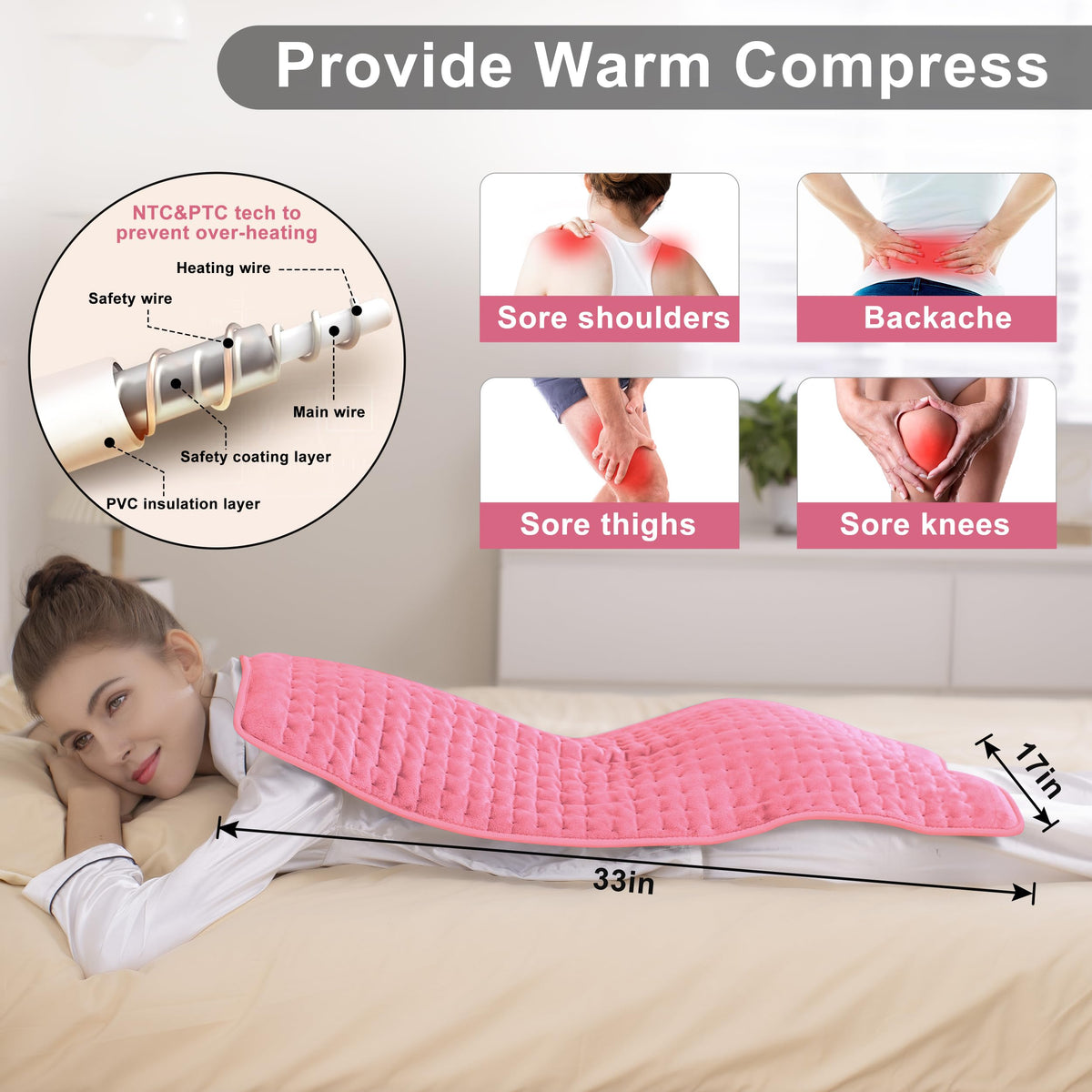 VANKADA Heating Pad Electric Heat Pad, Hot Heated Pad,Multiple Temp and Timer Settings,Suitable for Shoulders, Neck, arms, Abdomen, Back, Legs, etc. (Light Pink, 33"X17")