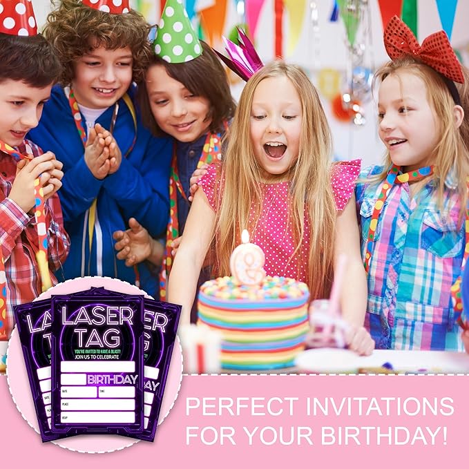 Laser Tag Birthday Party Invitations, Glow Neon Theme Invite Cards, 20 Count with Envelopes for Boys Girls Teen, 4 x 6 Double Sided Printed Fill In Blank Party Supplies- Purple