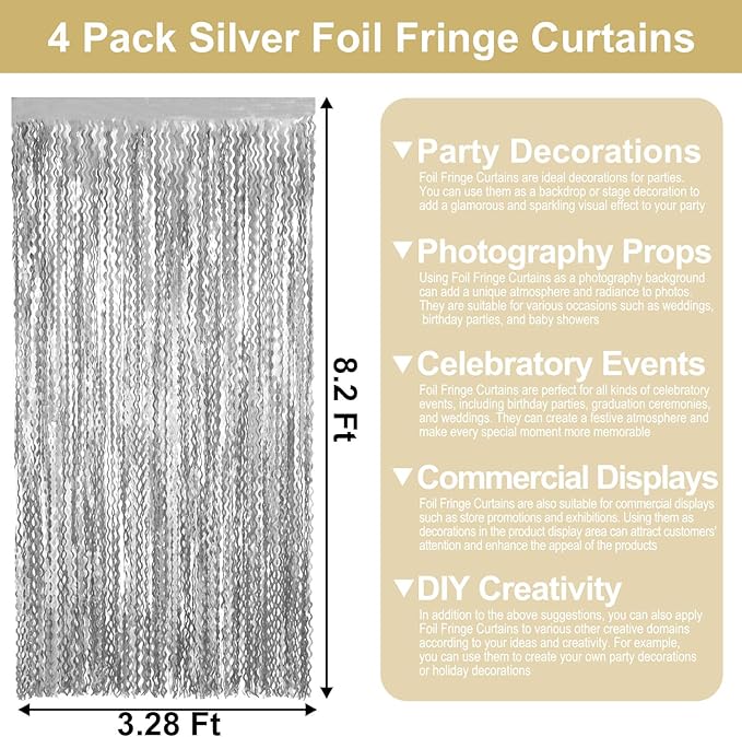 4 Pack Silver Wave Foil Fringe Curtain Backdrop, 3.28Ft x 8.2Ft Metallic Tinsel Foil Fringe Streamer Curtains for Photo Booth, Mother's Day, Easter, Birthday, Wedding Party Decoration