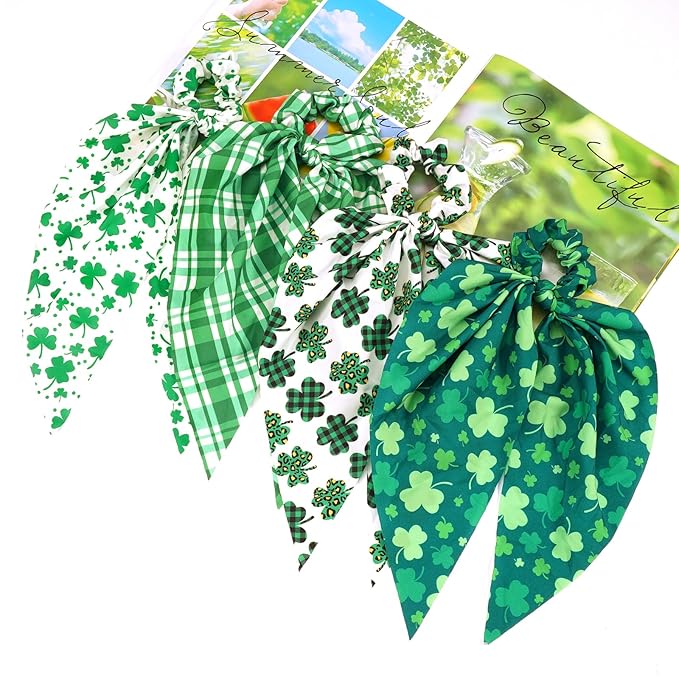 4pcs St.Patrick's Day Hair Ties for Woman Girls Green Plaid Shamrock Ribbon Hair Scrunchies Elastic Irish Lucky Leaf Hair Tie St.Patricks Party Supplies Hair Accessories