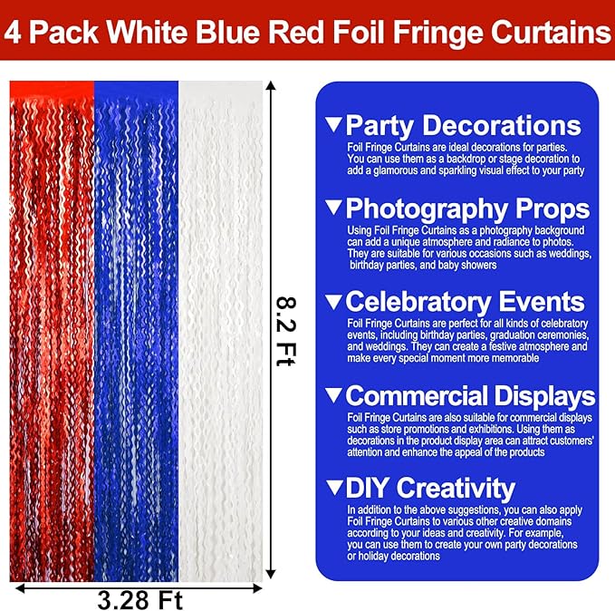 4 Pack White Blue Red Wave Foil Fringe Curtain Backdrop, 3.28Ft x 8.2Ft Metallic Tinsel Foil Fringe Streamer Curtains for Photo Booth, Mother's Day, Easter, Birthday, Wedding Party Decoration