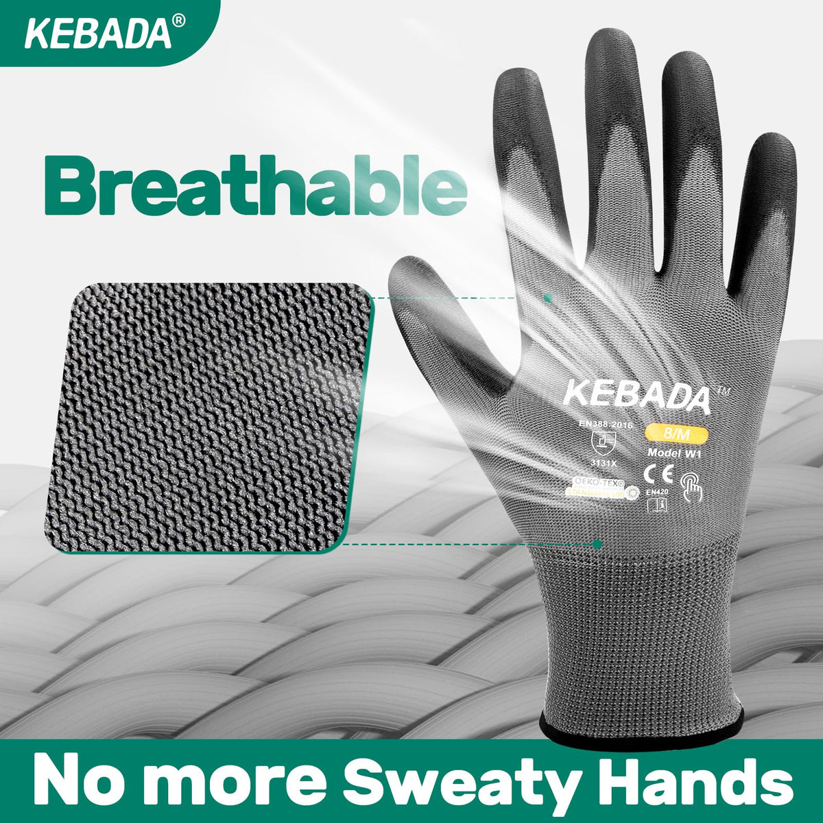 Kebada W1 Work Gloves for Men and Women, PU Coated Safety Gloves with Grip, Touchscreen, Ideal for Warehouse Package Handling, Construction, Gardening, 12 Pairs Gray Medium