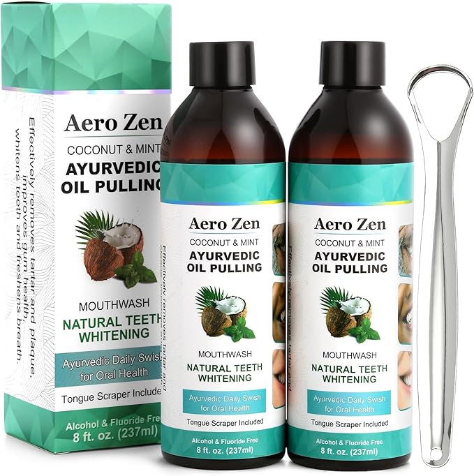 2-Pack Coconut Oil Pulling Mouthwash with Peppermint - Alcohol-Free Oral Care - Fresh Breath Solution - Organic Essential Oils Formula with Tongue Scraper - Gum Health Treatment - 237ML