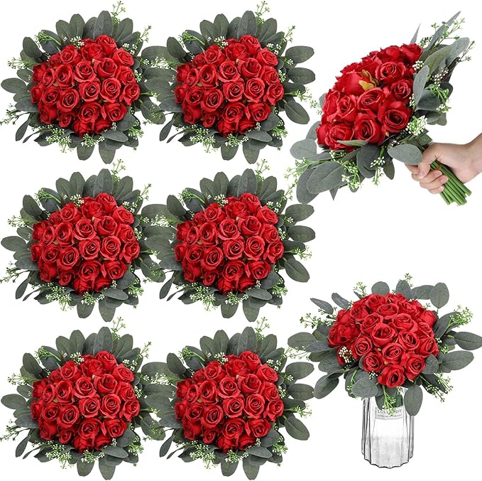 Zeyune 12 Bunches Wedding Bridesmaids Bouquets 144 Heads 7 Inch Artificial Rose Bouquets Silk Fake Flower Bulk with Stems for Valentine's Day Wedding Bridal Shower Home Party Decor(Red)