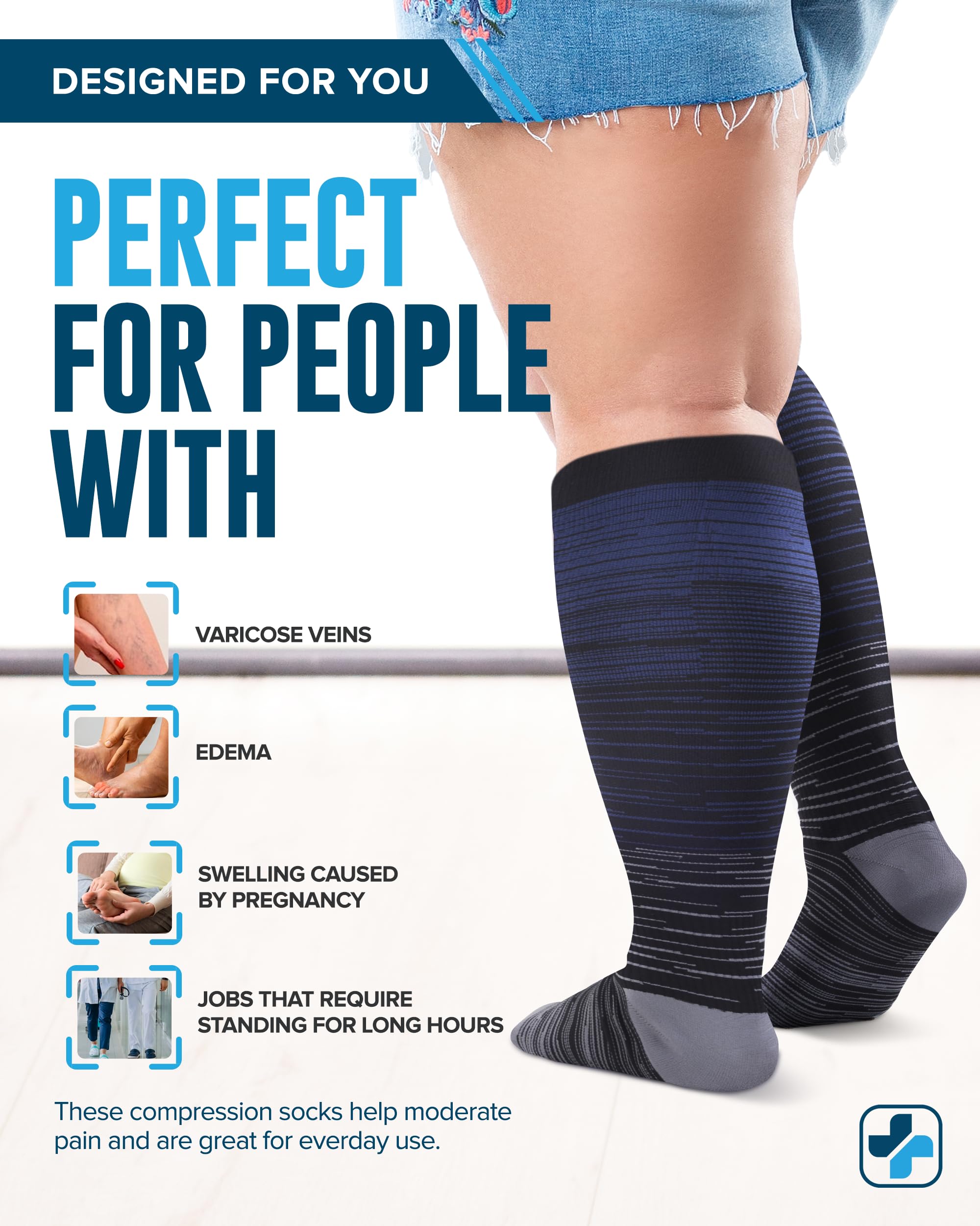 Doctor's Select® 3 Pairs Plus Size Compression Socks Wide Calf - Up to 6XL | 20-30 mmHg Compression Socks for Women Wide Calf | Line Patterns 2