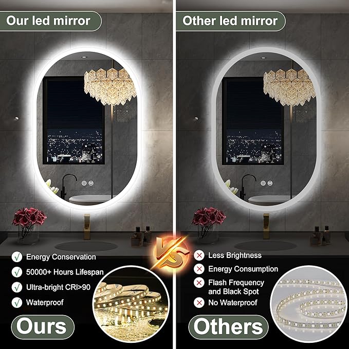 S'bagno 24x36 Inch Oval LED Mirror for Bathroom with Front and Backlight, Anti-Fog, 3 Colors Temperature & Dimmable, Bathroom Mirror with Lights with Memory Function, Waterproof, Shatter-Proof