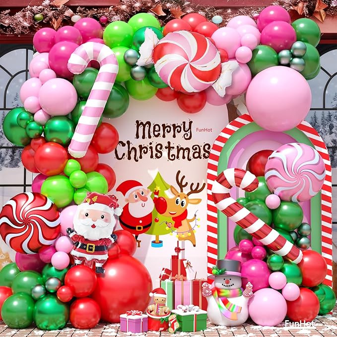 FunHot Christmas Balloon Arch Kit, Xmas Fruit Green Pink Balloon Garland, Hot Pink Red Metallic Green Latex Balloons with Candy Cane Santa Claus Windmill Foil Balloons for Christmas Party Decorations