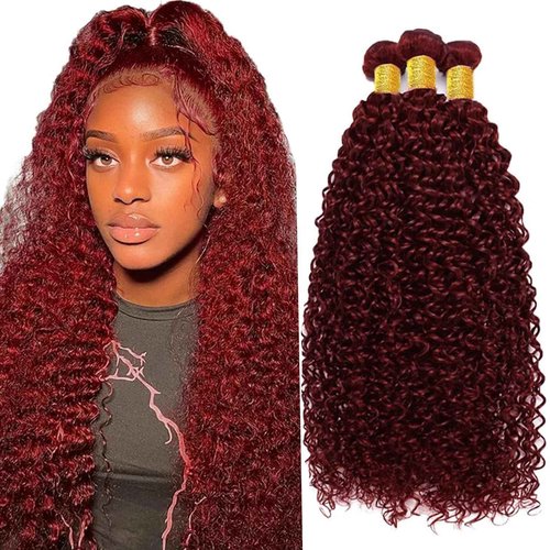 Fabimiya Human Hair Bundles Burgundy 99J Jerry Curly 20 22 24 Inch Bundles Human Hair 100% Unprocessed Burgundy Soft Sewn In Hair with Double Weft for Black Women