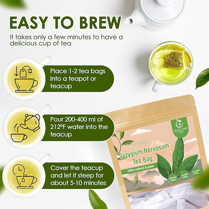 NHAT ANH FARM - Premium Syzygium Nervosum Tea Bags, 40 Syzygium Nervosum Tea Bags, 100% Natural Dried Syzygium Nervosum Leaves, Naturally Sweet Herbal Tea, Sugar-Free, Caffeine-Free, No Additives.