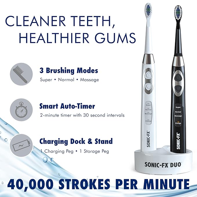 Sonic-FX Duo Rechargeable Electric Toothbrush Set - with 14 Brush Heads, 3 Modes, Smart Auto-Timer, Charging Dock Holder - Dual Handle Electric Tooth Brush for Adults & Kids, Black and White