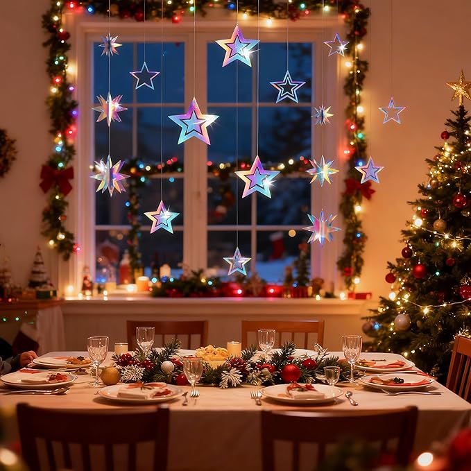 BTSD-home Iridescent Star Garland Decorations 14 Mixed 3D Twinkle Hanging Stars with 5.25FT Holographic Octagon Star Garland for Home School Ceiling Window Starry Space Birthday Party Decorations
