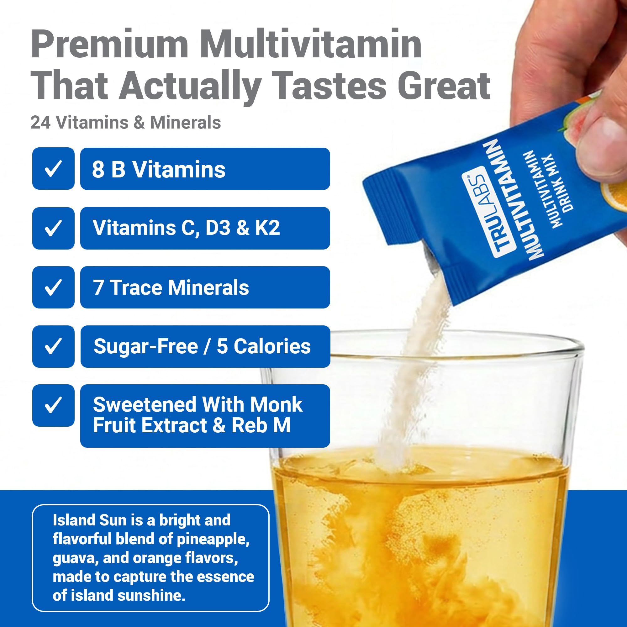 TRULABS Multivitamin Drink Mix – Island Sun Flavor with 24 Vitamins & Minerals, 8 B Vitamins, A, C, D3, E, K2, Sugar Free with Monk Fruit, Dairy Gluten Soy Free, Vegan (16 Stick Packs)