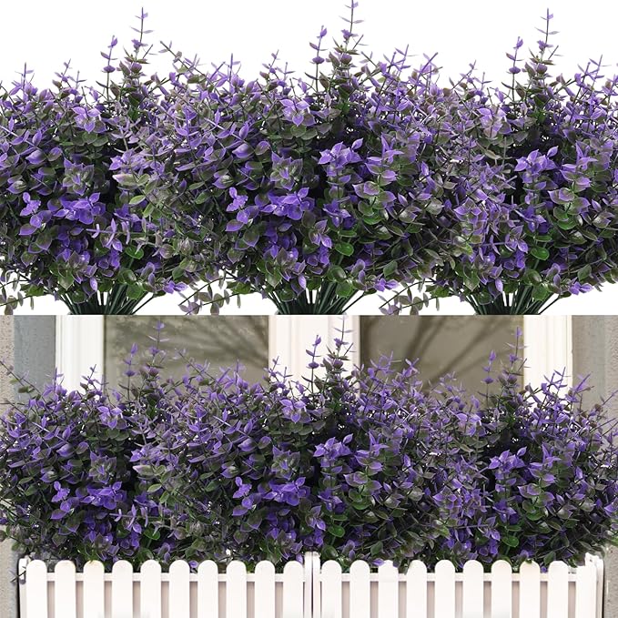 RECUTMS Fake Shrubs Flowers, 12 Bundles Faux Outdoor Plants UV Resistant Artificial Greenery Eucalyptus Flowers Boxwood Springs Fake Plants Indoor Outside Hanging Planter Home Garden Decor (Purple)