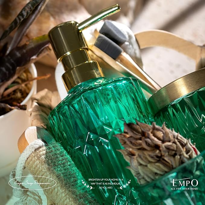 EMPO 6PCS Bathroom Clear Glass Accessories Set (Lotion Soap Dispenser, Soap Dish, Toothbrush Holder, Tumbler, Cotton Swab Jar), Contemporary Modern Decor Crystal Vintage Gift (6pcs Vintage Jade)