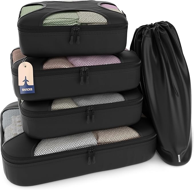 Shacke Packing Cubes for Travel 5 Set - Luggage Organizer Bags for Suitcase - 4 Cubes + Laundry Bag - Water-Resistant Nylon - Pure Black