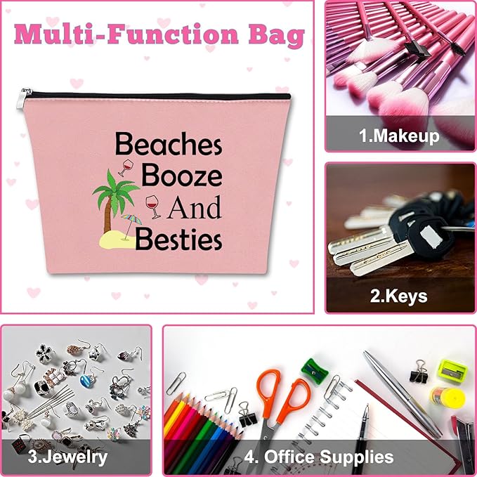 Beach Gifts for Women Friends Makeup Bag Beach Lover Gifts Funny Vacation Gift Seaside Themed Cosmetic Bag for Women Birthday Christmas Graduation present for Besties sister Travel Pouch（Pink）