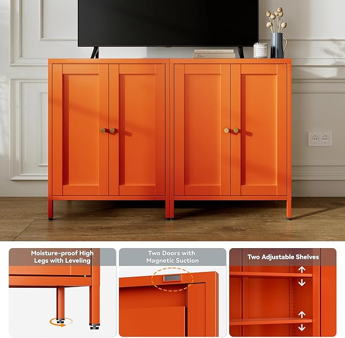 31.5"H Orange Metal Cabinet,Small Bathroom Storage Cabinet,Bathroom Floor Storage Cabinets,Small sideboard with 2 Adjustable Shelves & 2 Doors,Metal Kitchen Storage Cabinet for Hallway,Home Office