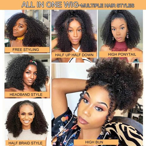 UWLK Half Wig Afro Curly 3 In 1 Glueless Wigs Human Hair 200 Density Curly Half Wig Human Hair for Women Beginner Friendly Drawstring Seamless Flip Headband Wig 18 Inch