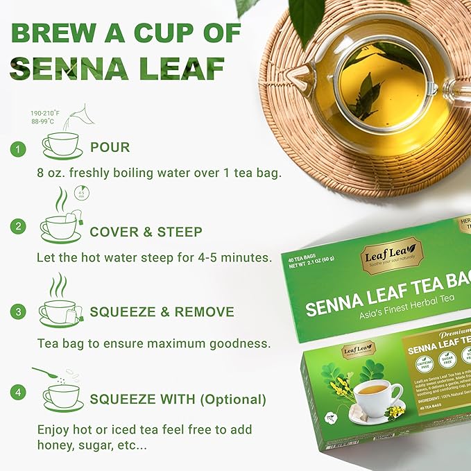 LeafLea 40 Senna Tea Bags – 100% Pure Senna Leaves, Herbal Laxative Tea for Gentle Constipation Relief, Caffeine-Free, Sugar-Free, Gluten-Free, Non-GMO, Vegan, Supports Digestive Health