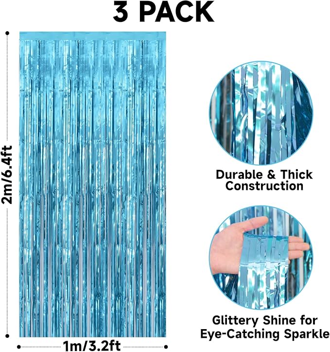 jijAcraft 3 Pack Light Blue Tinsel Foil Fringe Curtain, Party Photo Backdrop, Blue Background for Baby Shower Boy Birthday Ocean Themed Winter Wonderland Wedding Engagement New Year Decorations