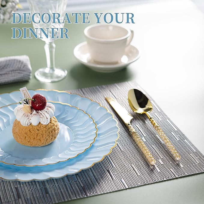 Lullaby 60PCS Light Blue Scalloped Plastic Plates with Gold Rim, Includes 30PCS Dinner Plate 10'' and 30PCS Dessert Plate 7.5'', Baby Blue Plastic Plates for Party, Wedding and Daily Use