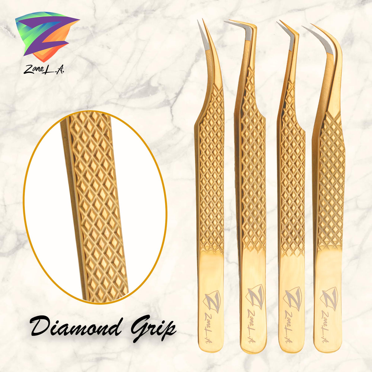 Zane L.A. Nano Fiber Tip Professional Eyelash Extension Tweezers, a pack of 4, Quality tweezers made with Japanese Stainless Steel, includes Stylish Half Moon Mirror. (Gold)