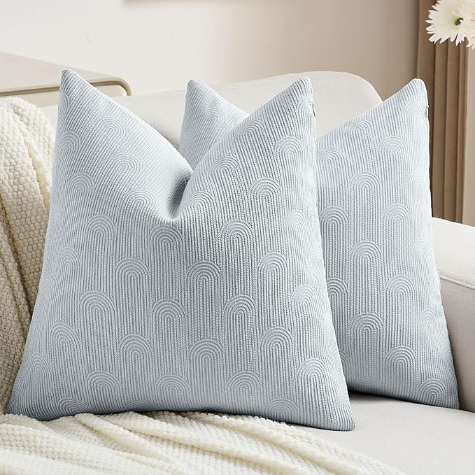 FUTEI Light Blue Chenille Decorative Throw Pillow Covers 16x16 Inch Set of 2,Soft Cozy Striped Geometric Patterns Cushion Cases,Modern Home Decor for Couch Bed Living Room