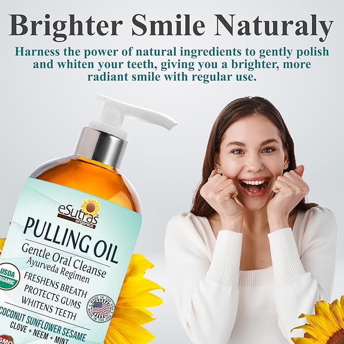 eSutras Pulling Oil Herbal Mouthwash Powerful Coconut Sesame Sunflower Oils + Essential Oils, Mint Clove Whitens Teeth Refreshes Breath Strengthens Gums