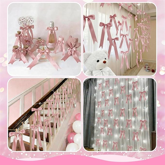2 Strings Dusty Pink Bow Garland Banner Decorations, 16Pcs Pre-Strung Satin Ribbon with 6.7ft Chain for Girls Ribbon Bow Banner Coquette Room Birthday Baby Shower Bachelorette Wedding Party Decor