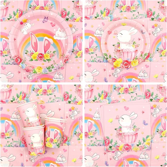 KEFAN Bunny Birthday Party Decorations, Rabbit Theme Party Tableware Supplies including Plates, Cups, Napkins, Tablecloth (20)