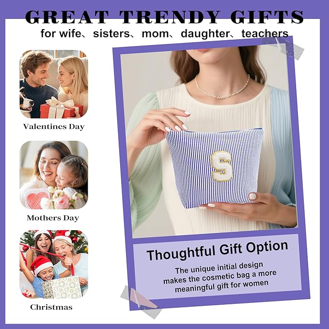 Teacher Christmas Gifts for Women - Teacher Appreciation Gifts, 2025 Xmas Birthday Gift for Teachers, Initial Makeup Bag for Teachers, Blue Letter A