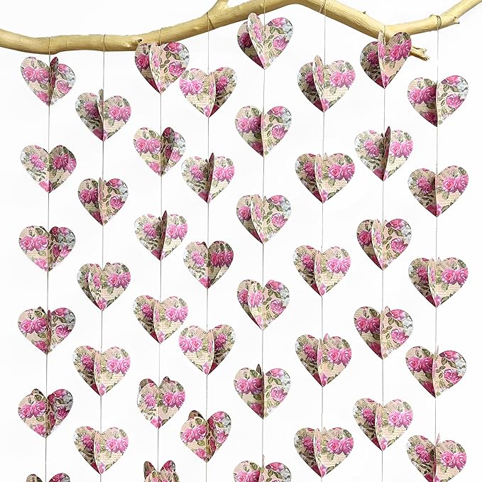 Heart Party Decorations Vintage Pink Rose 3D Love Heart Newspaper Hanging Retro Floral Recycled Book Garland Streamer Banner for Valentines Day Anniversary Birthday Wedding Holiday Party Supplies