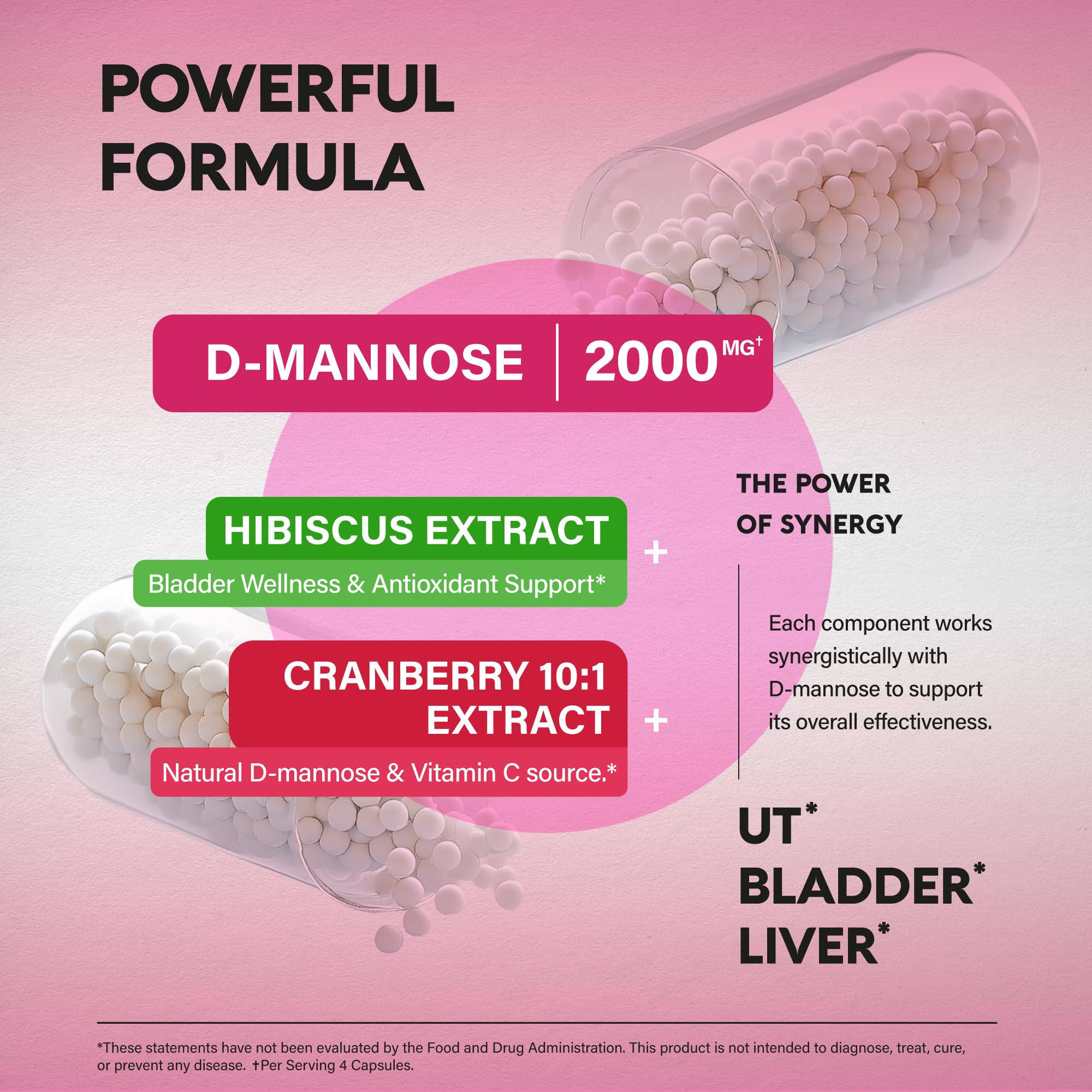 D-Mannose 2000mg with Cranberry & Hibiscus - Clinically Tested Strength for Urinary Tract Health - Supplement for Women - Bladder, Liver & Microflora Support - Lab Tested - Vegan, 240 Capsules