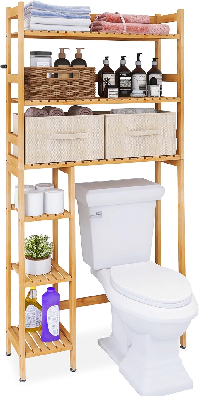 SMIBUY Over The Toilet Storage, Bamboo 6-Tier Bathroom Storage Shelf with Drawers, Freestanding Above Toilet Organizer Rack, Mass-Storage, Space Saver for Small Room (Natural)