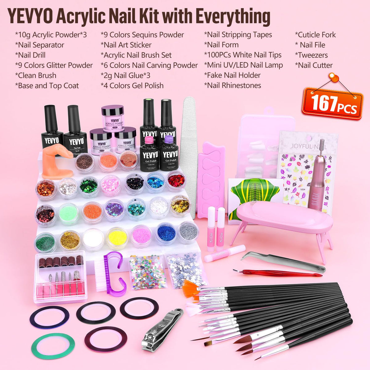 Yevyo Acrylic Nail Kit with Drill, 4 Colors Gel Polish and UV Light, 24 Colors Glitter Acrylic Powder and Brush Set for Beginners