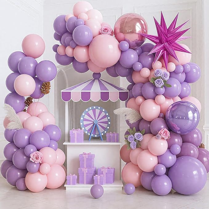 Pastel Pink Purple Balloon Arch Garland Kit with Pink Purple 4D Round Balloons Star Foil Balloons for Baby Shower Wedding Engagement Birthday Birthday Party Decorations