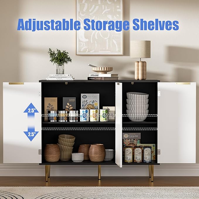 Fluted Buffet Sideboard with 3 Doors, Modern Accent Cabinet with Adjustable Shelves, Kitchen Storage Cabinet with Golden Handles, Coffee Bar for Kitchen, Black & White