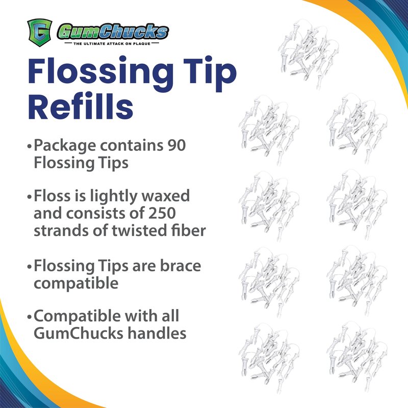 GumChucks Refill Tips - Floss Picks for Braces & Tight Teeth – Reusable Dual Handle Flosser – No Hands in Mouth - Easy for Kids, Adults & Seniors (90 Tips)